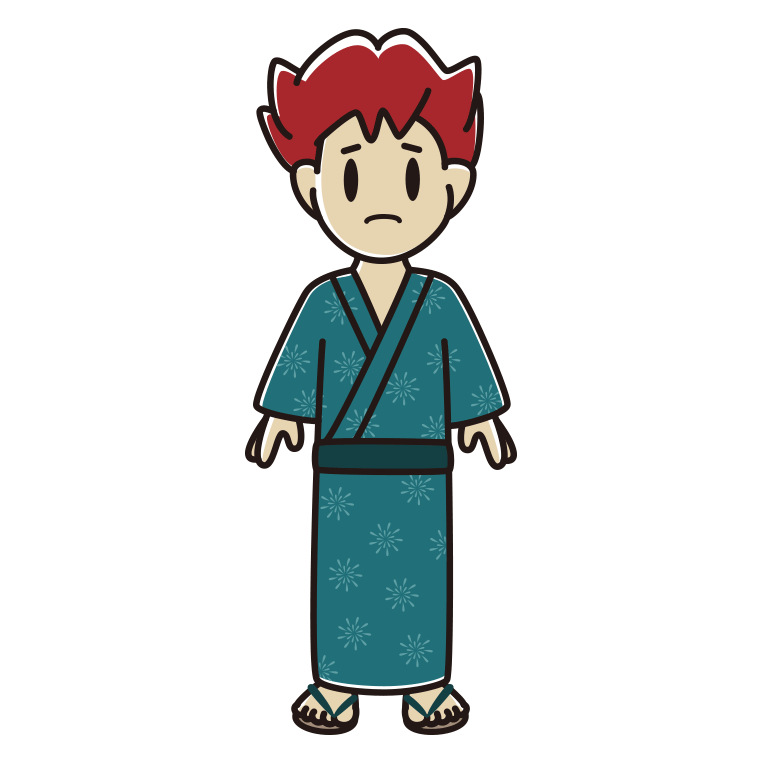 困る浴衣姿の男子大学生のイラスト【色あり、背景なし】透過PNG