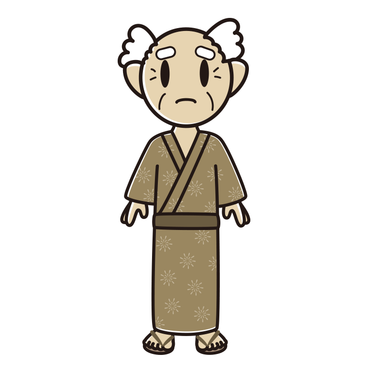 困る浴衣姿のおじいさんのイラスト【色あり、背景なし】透過PNG