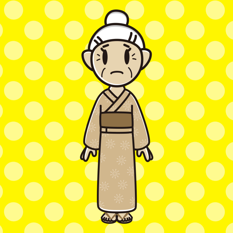 困る浴衣姿のおばあさんのイラスト【色、背景あり】PNG