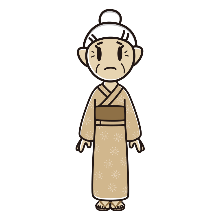困る浴衣姿のおばあさんのイラスト【色あり、背景なし】透過PNG
