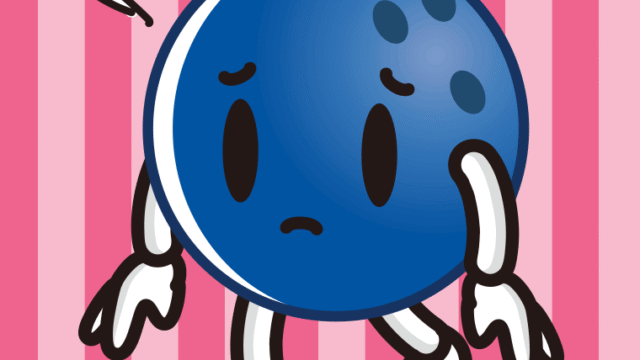 悲しそうなボウリングボールちゃんのイラスト【色、背景あり】PNG