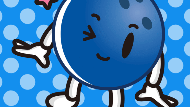 ウインクするボウリングボールちゃんのイラスト【色、背景あり】PNG