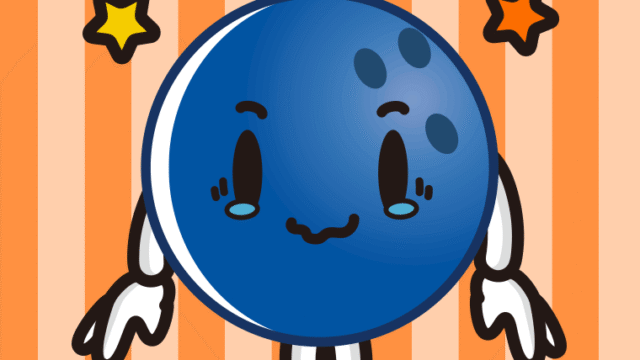 ジーンとするボウリングボールちゃんのイラスト【色、背景あり】PNG