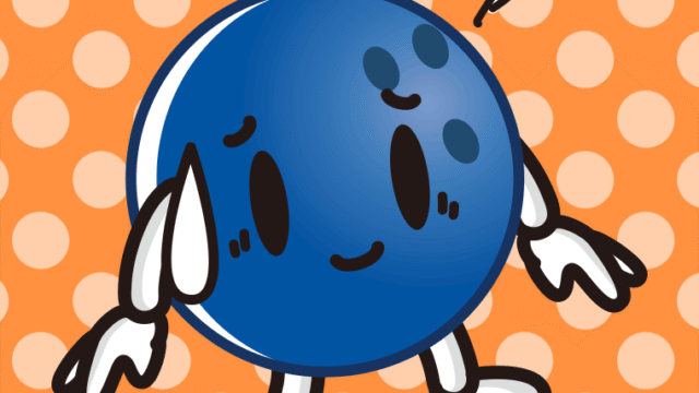 苦笑いするボウリングボールちゃんのイラスト【色、背景あり】PNG