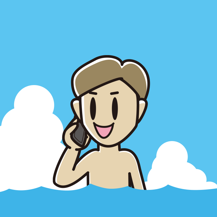 海に入ってスマホで電話する男性のイラスト【色、背景あり】PNG