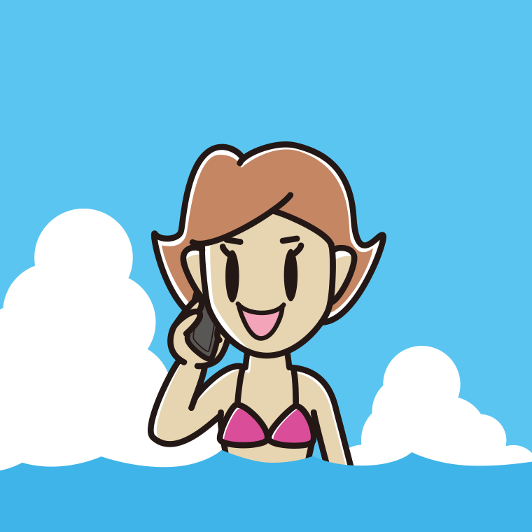 海に入ってスマホで電話する女性のイラスト【色、背景あり】PNG