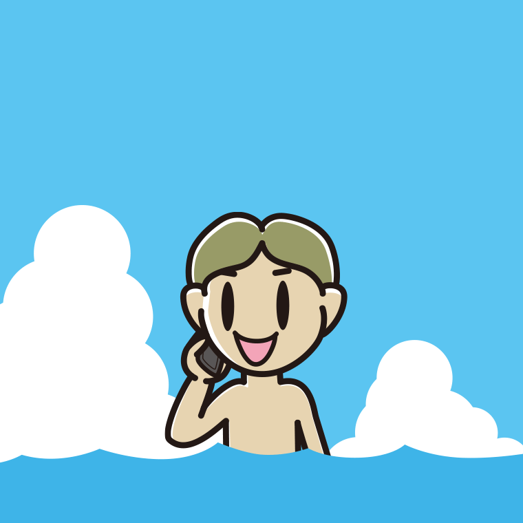 海に入ってスマホで電話する小学生男子のイラスト【色、背景あり】PNG