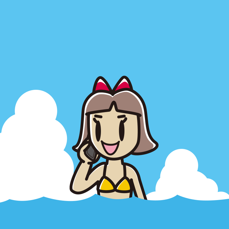 海に入ってスマホで電話する小学生女子のイラスト【色、背景あり】PNG