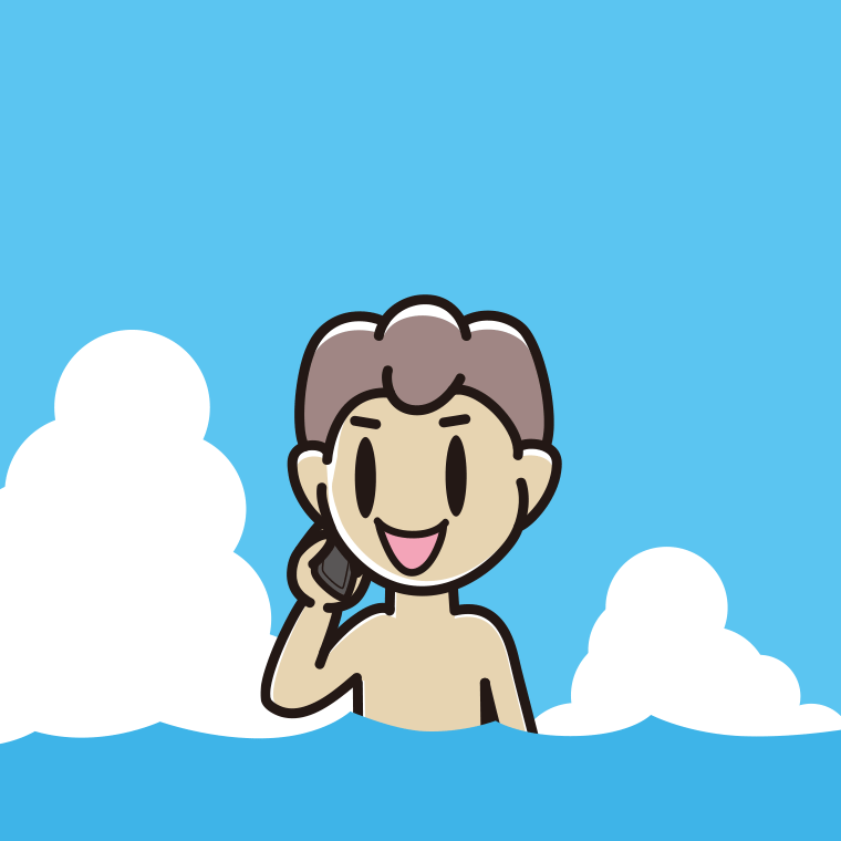 海に入ってスマホで電話する男子中学生のイラスト【色、背景あり】PNG