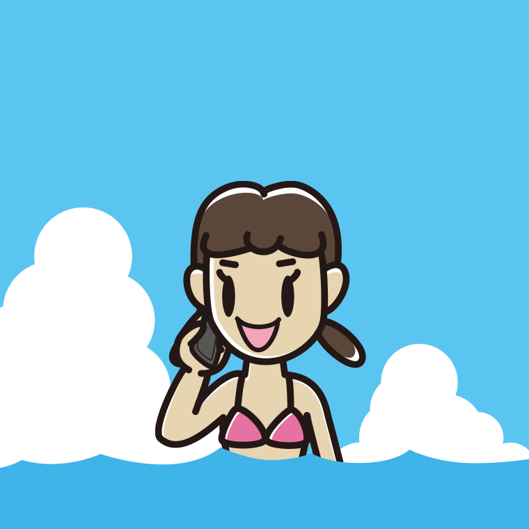 海に入ってスマホで電話する女子中学生のイラスト【色、背景あり】PNG