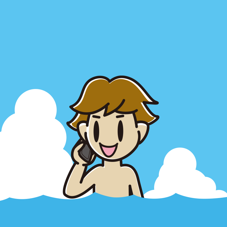 海に入ってスマホで電話する男子高校生のイラスト【色、背景あり】PNG