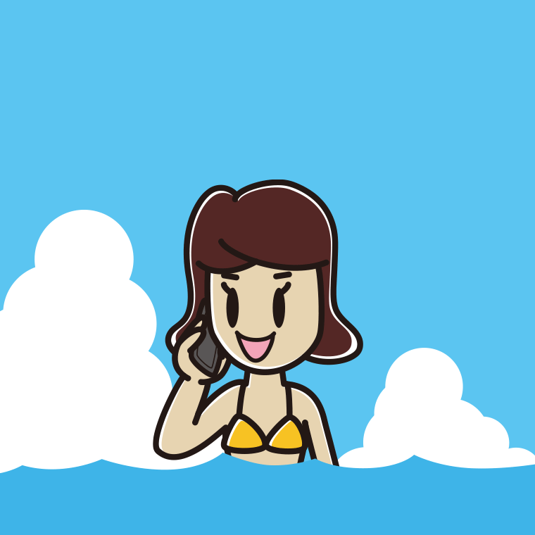海に入ってスマホで電話する女子高校生のイラスト【色、背景あり】PNG