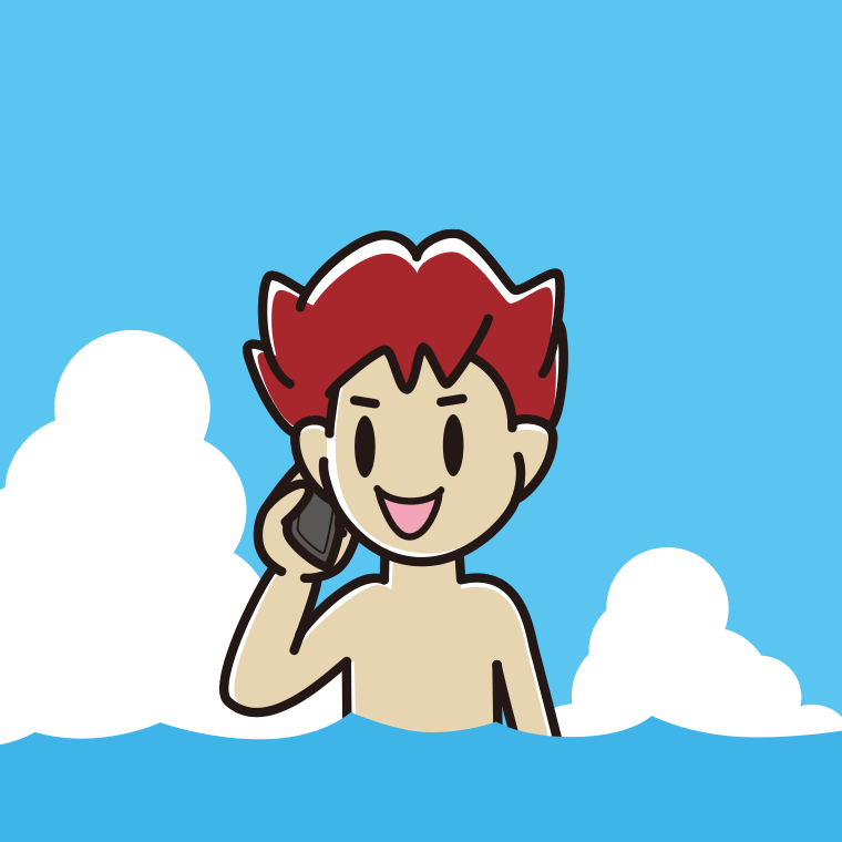 海に入ってスマホで電話する男子大学生のイラスト【色、背景あり】PNG