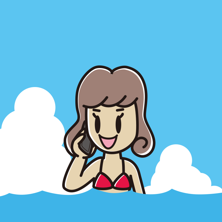 海に入ってスマホで電話する女子大学生のイラスト【色、背景あり】PNG
