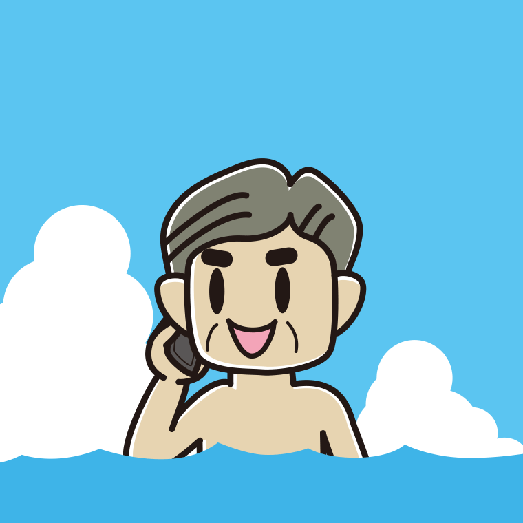 海に入ってスマホで電話するおじさんのイラスト【色、背景あり】PNG