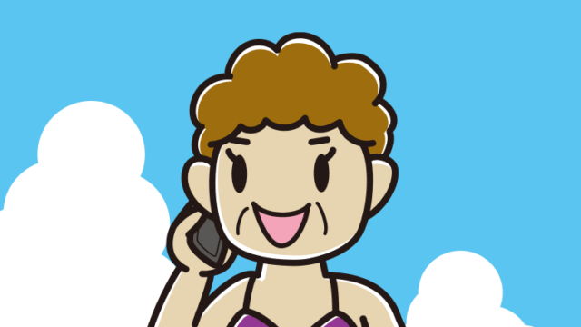 海に入ってスマホで電話するおばさんのイラスト【色、背景あり】PNG