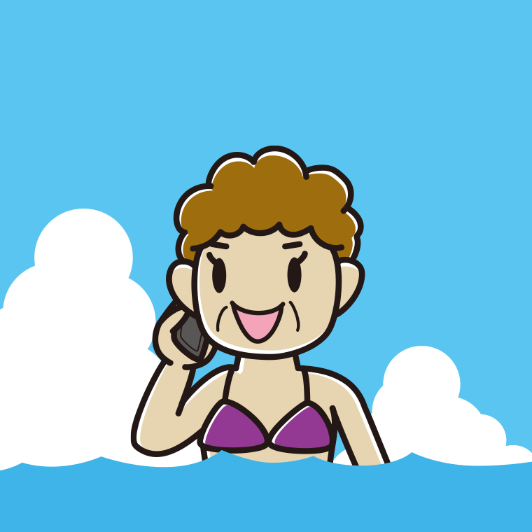 海に入ってスマホで電話するおばさんのイラスト【色、背景あり】PNG