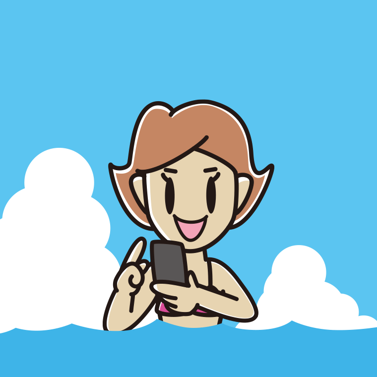 海に入ってスマホを使う女性のイラスト【色、背景あり】PNG