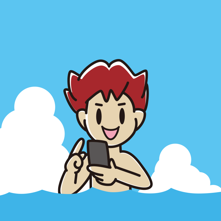 海に入ってスマホを使う男子大学生のイラスト【色、背景あり】PNG