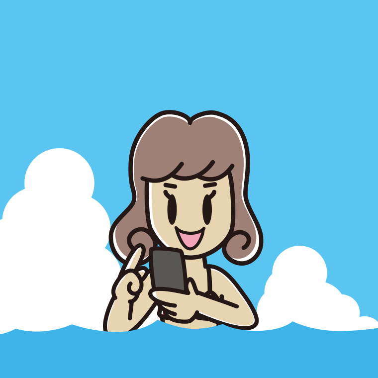 海に入ってスマホを使う女子大学生のイラスト【色、背景あり】PNG