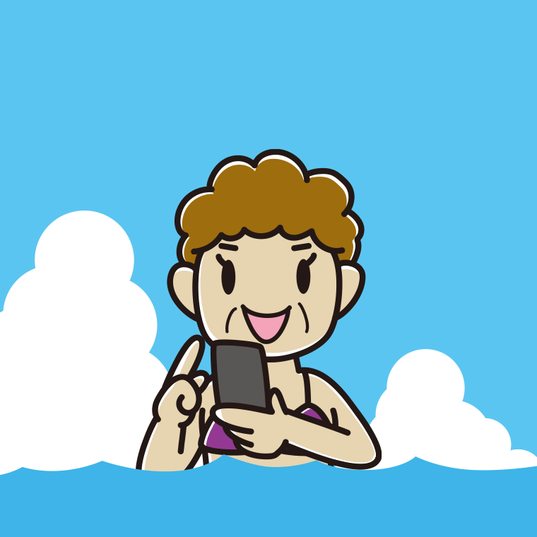 海に入ってスマホを使うおばさんのイラスト【色、背景あり】PNG