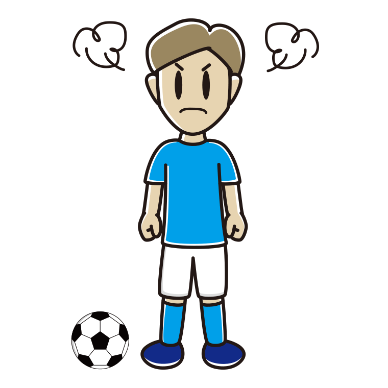 怒るサッカーのユニフォーム姿の男性のイラスト【色あり、背景なし】透過PNG