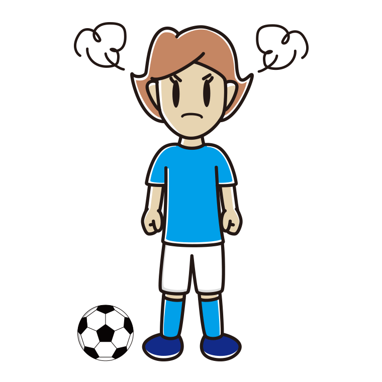怒るサッカーのユニフォーム姿の女性のイラスト【色あり、背景なし】透過PNG