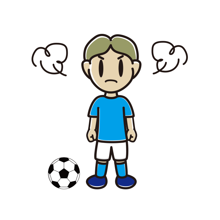 怒るサッカーのユニフォーム姿の小学生男子のイラスト【色あり、背景なし】透過PNG