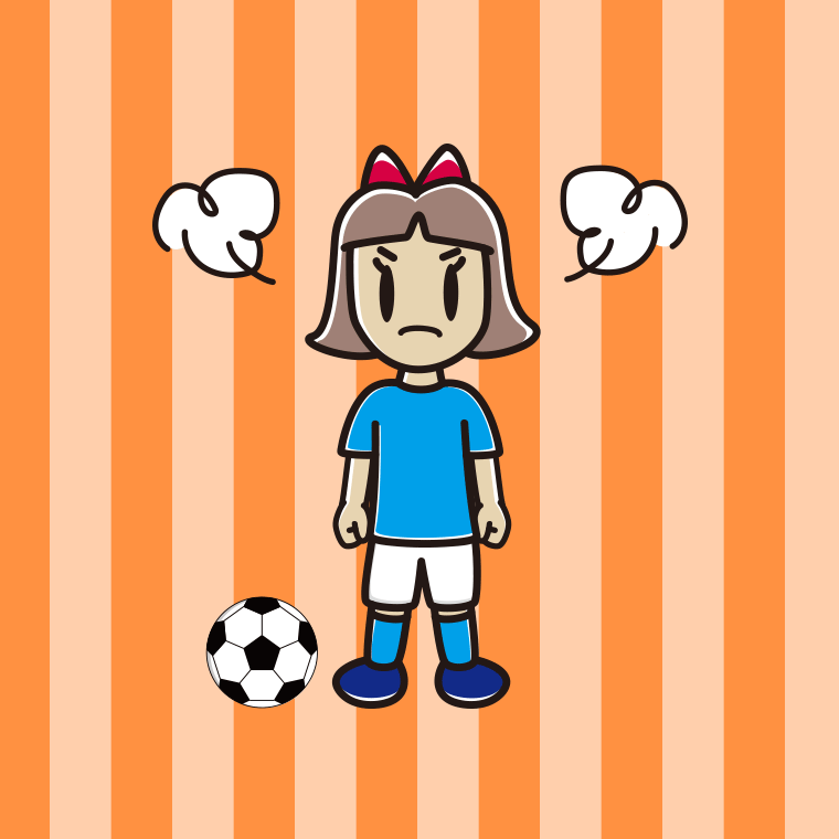 怒るサッカーのユニフォーム姿の小学生女子のイラスト【色、背景あり】PNG