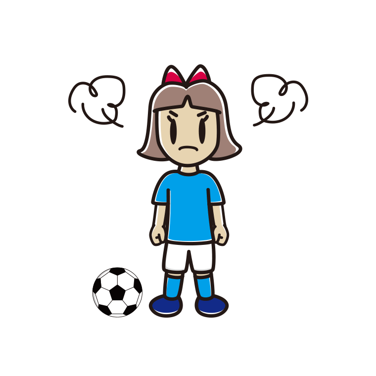 怒るサッカーのユニフォーム姿の小学生女子のイラスト【色あり、背景なし】透過PNG