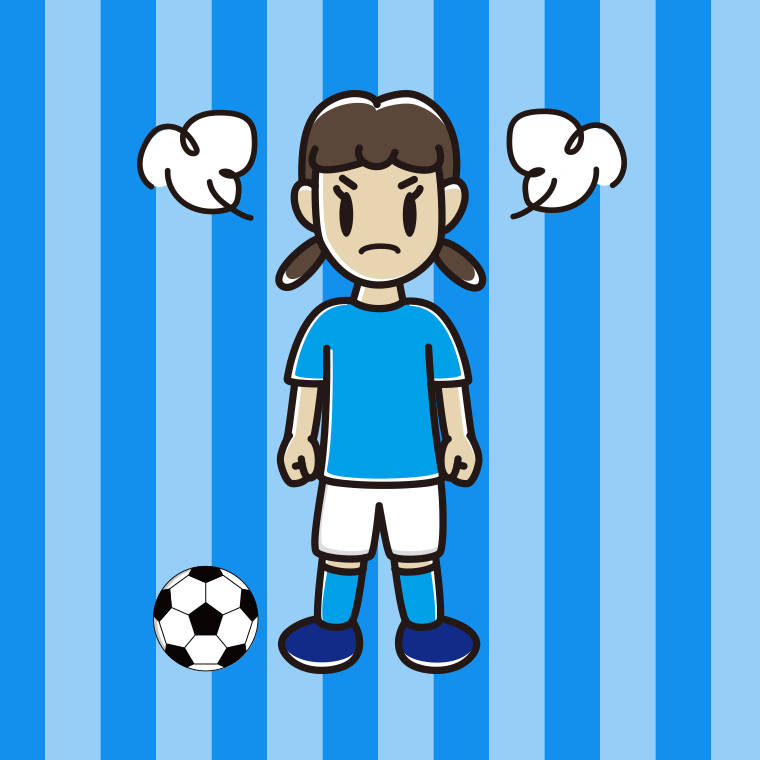 怒るサッカーのユニフォーム姿の女子中学生のイラスト【色、背景あり】PNG
