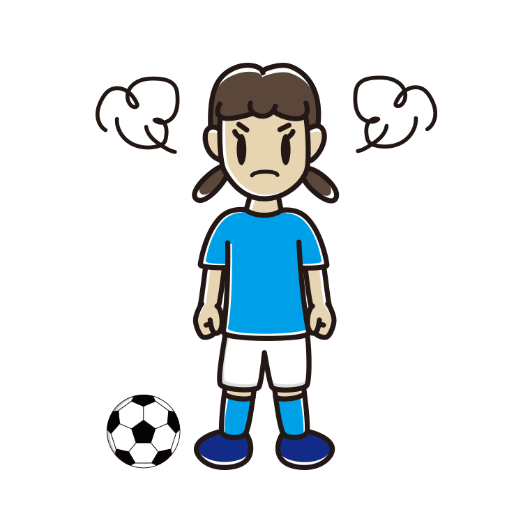怒るサッカーのユニフォーム姿の女子中学生のイラスト【色あり、背景なし】透過PNG