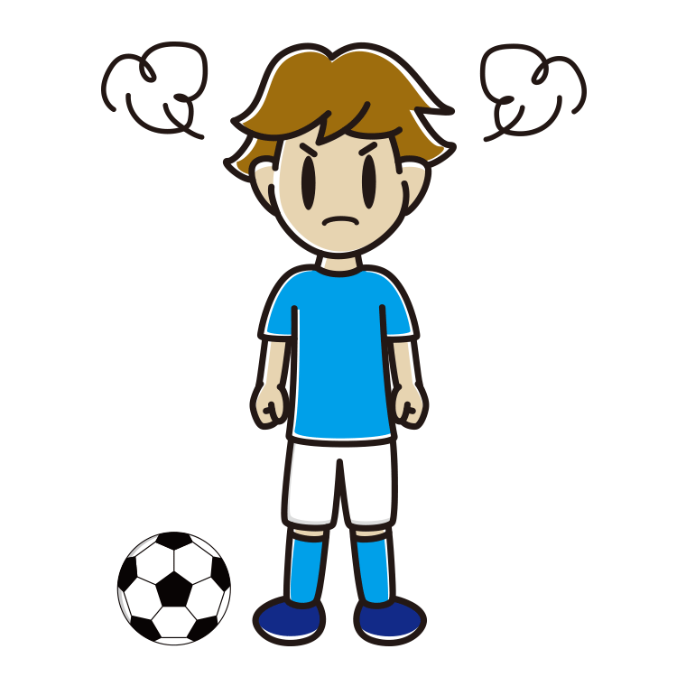 怒るサッカーのユニフォーム姿の男子高校生のイラスト【色あり、背景なし】透過PNG