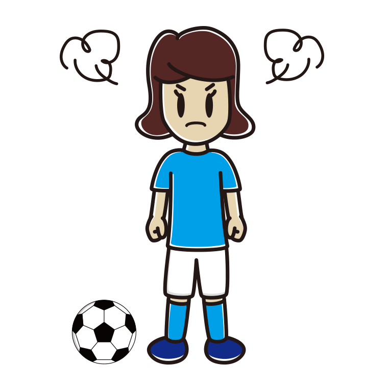怒るサッカーのユニフォーム姿の女子高校生のイラスト【色あり、背景なし】透過PNG