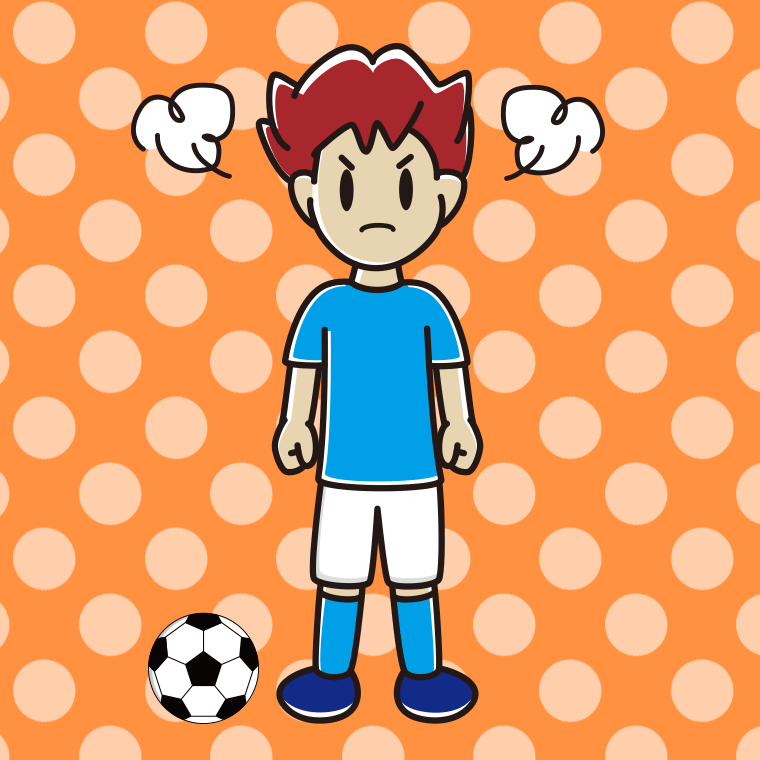 怒るサッカーのユニフォーム姿の男子大学生のイラスト【色、背景あり】PNG