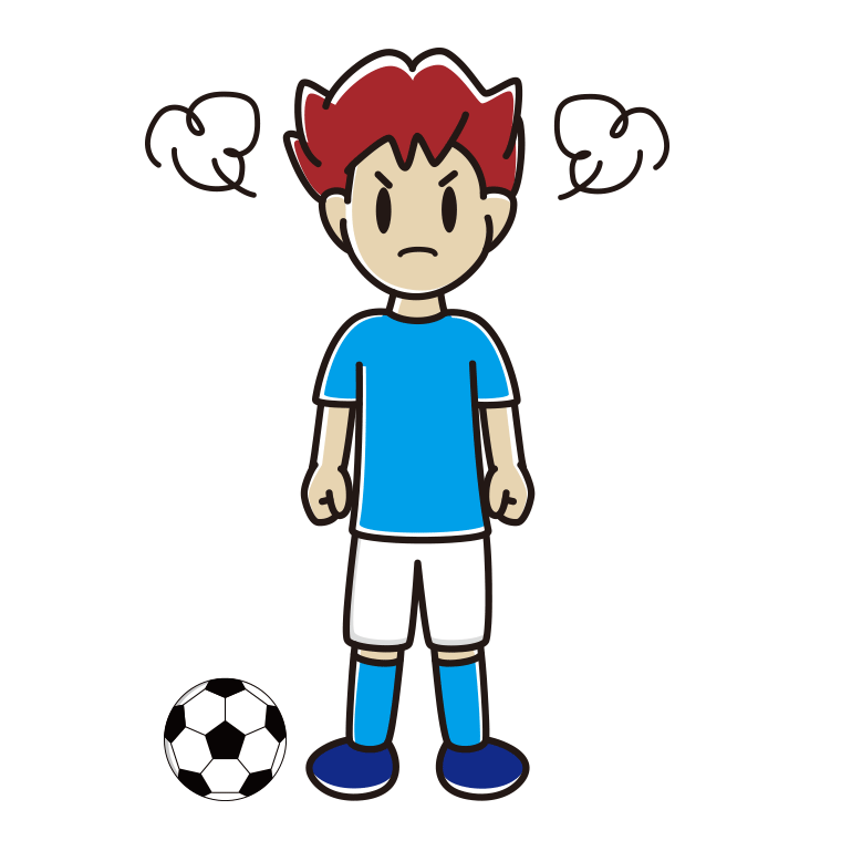 怒るサッカーのユニフォーム姿の男子大学生のイラスト【色あり、背景なし】透過PNG