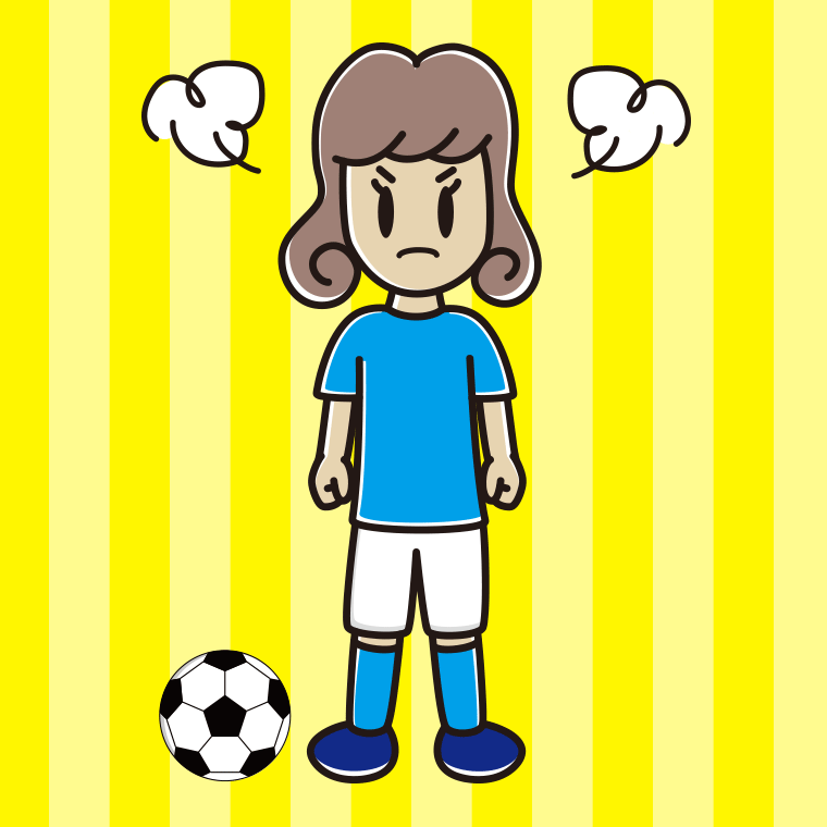 怒るサッカーのユニフォーム姿の女子大学生のイラスト【色、背景あり】PNG