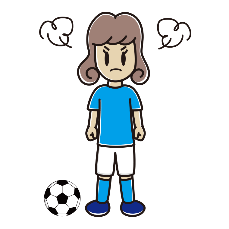 怒るサッカーのユニフォーム姿の女子大学生のイラスト【色あり、背景なし】透過PNG
