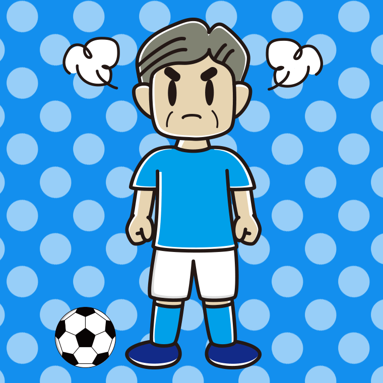 怒るサッカーのユニフォーム姿のおじさんのイラスト【色、背景あり】PNG