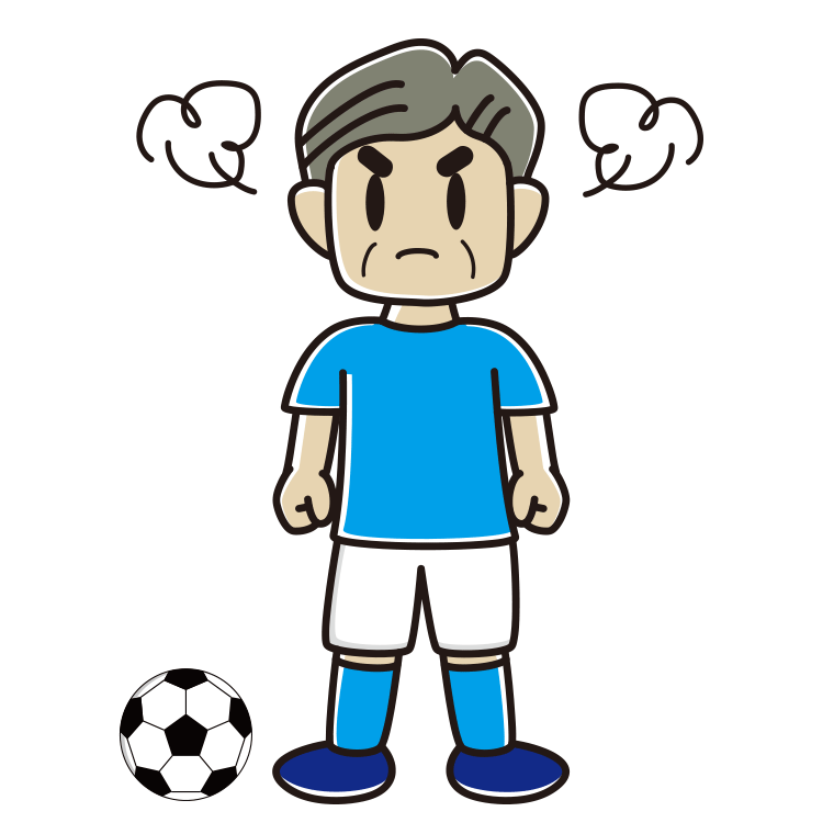 怒るサッカーのユニフォーム姿のおじさんのイラスト【色あり、背景なし】透過PNG