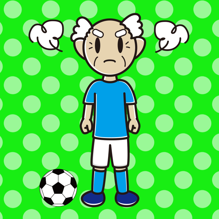 怒るサッカーのユニフォーム姿のおじいさんのイラスト【色、背景あり】PNG
