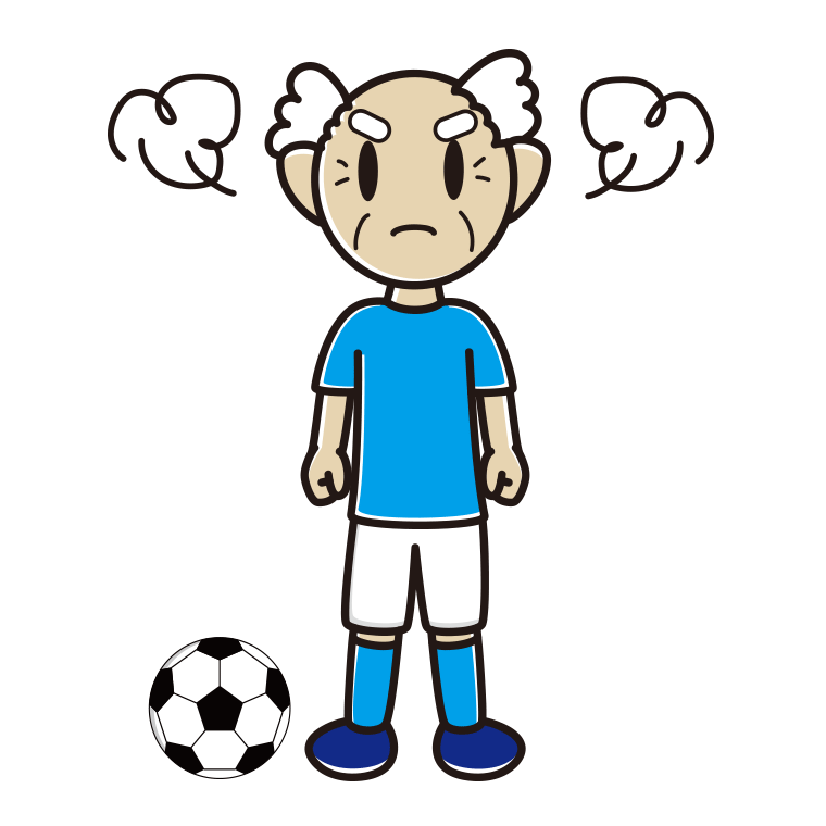 怒るサッカーのユニフォーム姿のおじいさんのイラスト【色あり、背景なし】透過PNG