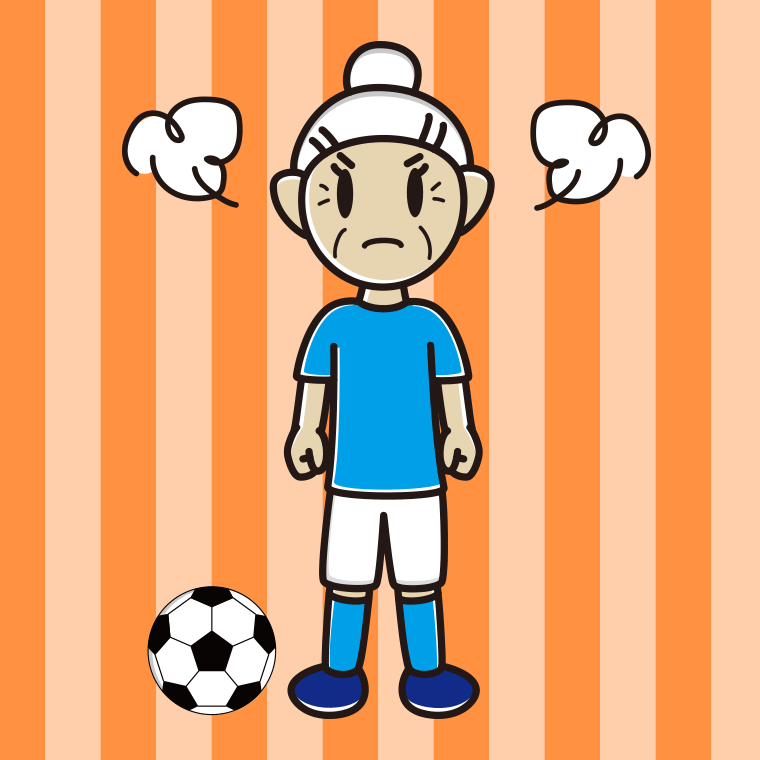 怒るサッカーのユニフォーム姿のおばあさんのイラスト【色、背景あり】PNG
