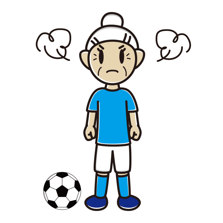 怒るサッカーのユニフォーム姿のおばあさんのイラスト【色あり、背景なし】透過PNG