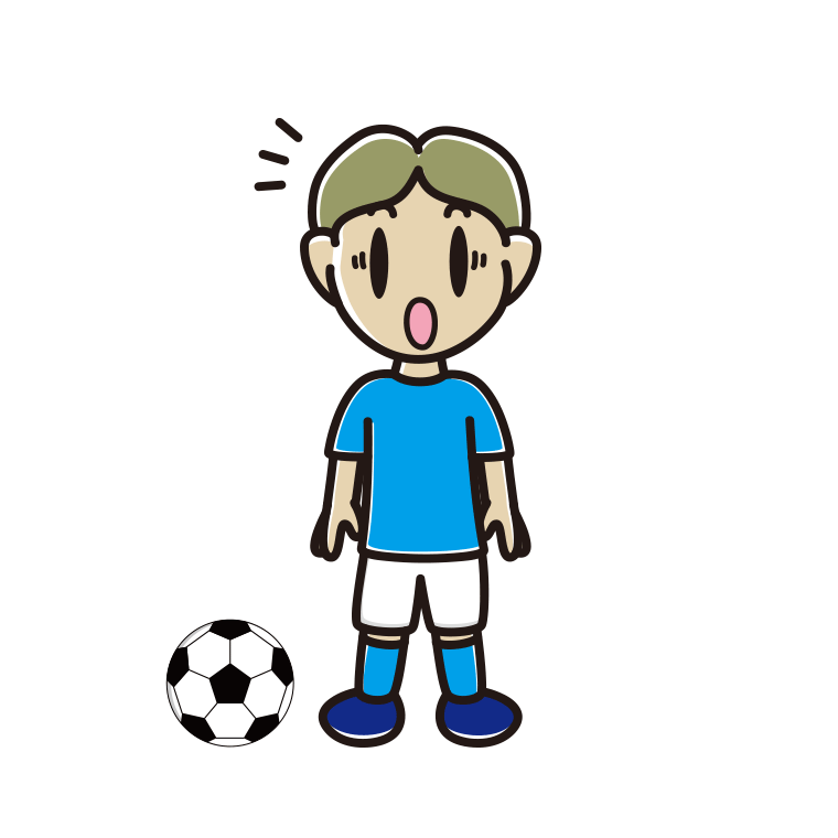 驚くサッカーのユニフォーム姿の小学生男子のイラスト【色あり、背景なし】透過PNG
