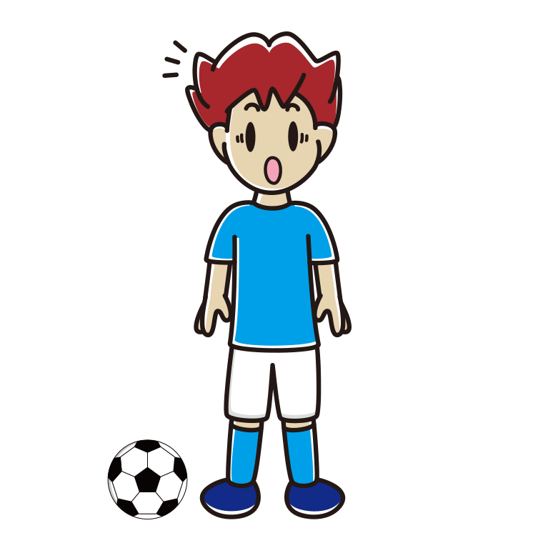 驚くサッカーのユニフォーム姿の男子大学生のイラスト【色あり、背景なし】透過PNG