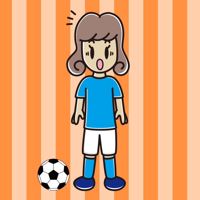 驚くサッカーのユニフォーム姿の女子大学生のイラスト【色、背景あり】PNG