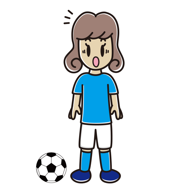 驚くサッカーのユニフォーム姿の女子大学生のイラスト【色あり、背景なし】透過PNG