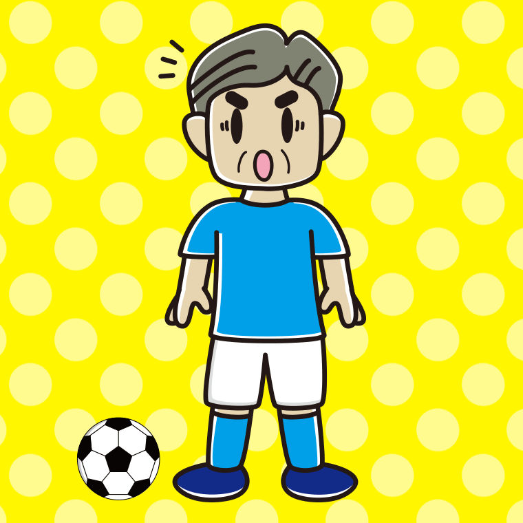 驚くサッカーのユニフォーム姿のおじさんのイラスト【色、背景あり】PNG