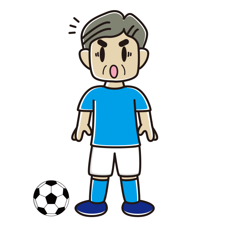 驚くサッカーのユニフォーム姿のおじさんのイラスト【色あり、背景なし】透過PNG
